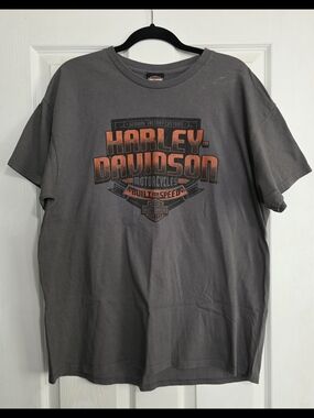 Hunters Moon Harley-Davidson Men's Gray Logo T-Shirt - Orange Graphic
